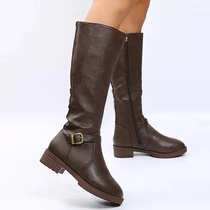 Polished Round Toe Block Heels Boots