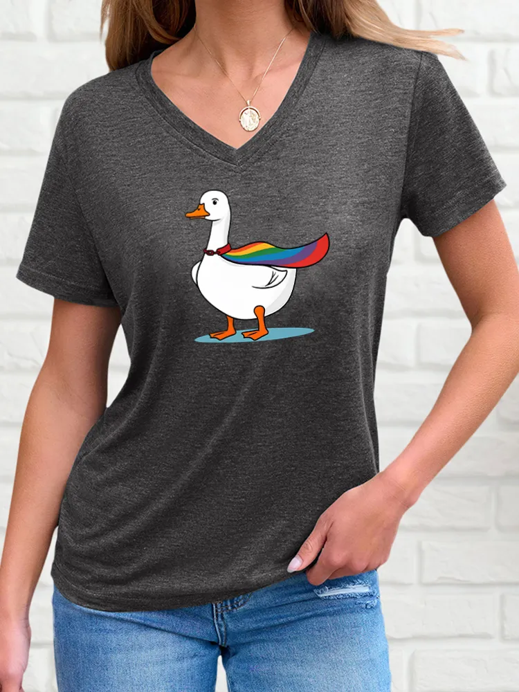 Women's Pride Month Cartoon Print V-Neck Short Sleeve T-Shirt
