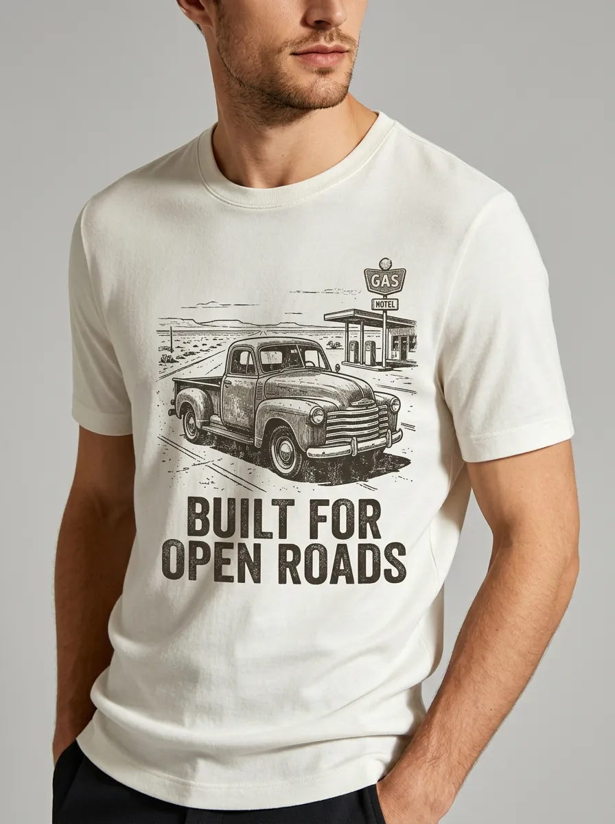 Men's Vintage Truck Lover Open Road Gas Station Printed T-shirt