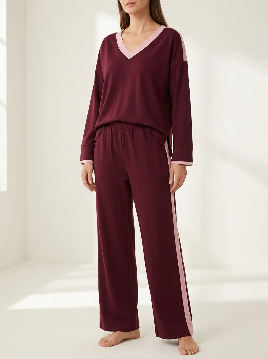 Women's Contrast-Trim V-Neck Elastic-Waist Wide-Leg Lounge Set