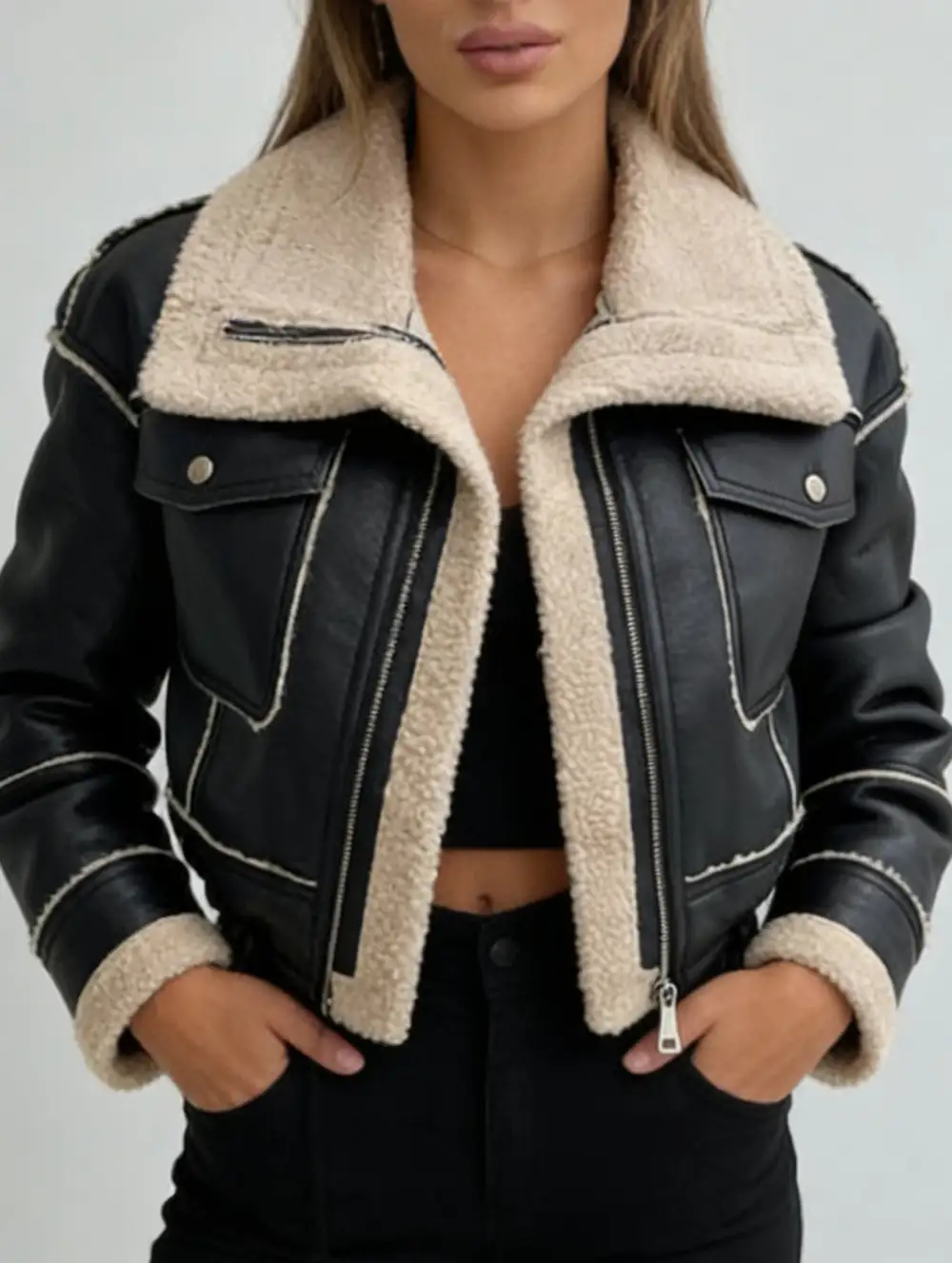 Short Zip Front Motorcycle Pu Leather Jacket