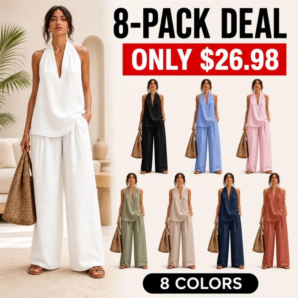 Women's Cotton Linen 2-Piece Halter Top Wide-Leg Pants Set