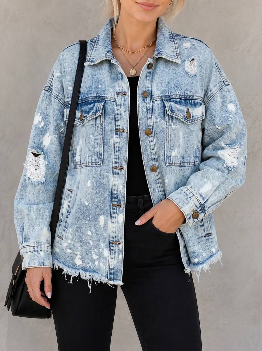 Women's Distressed Acid Wash Paint Splatter Printed Denim Jacket