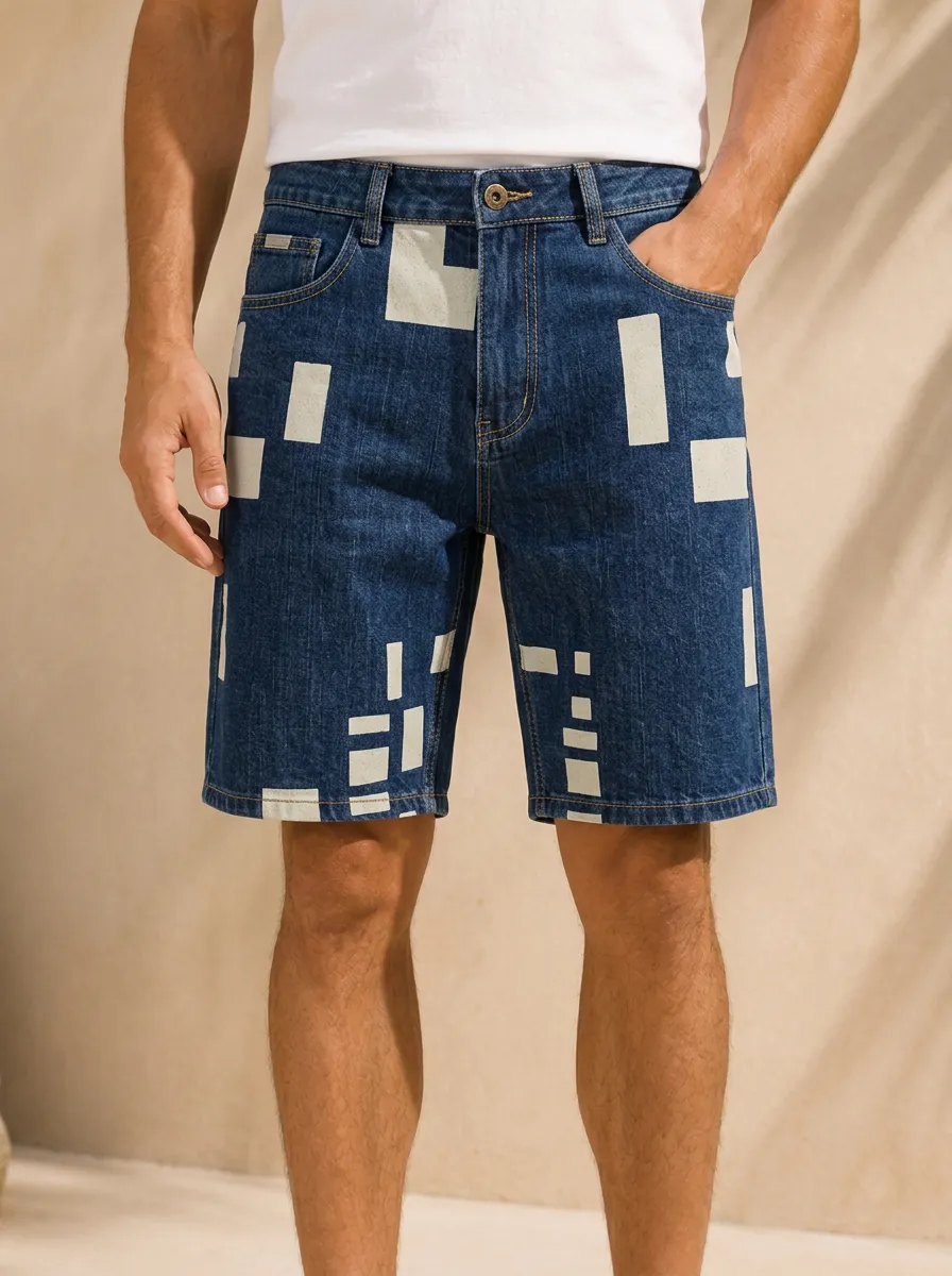 Men's Geometric Pattern Denim Printed Shorts