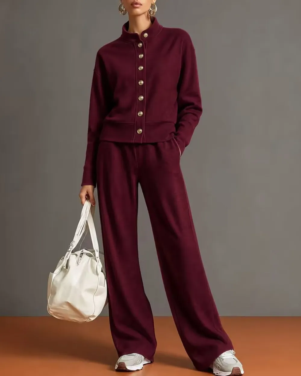 Button Cardigan and Wide-Leg Sweatpants Set