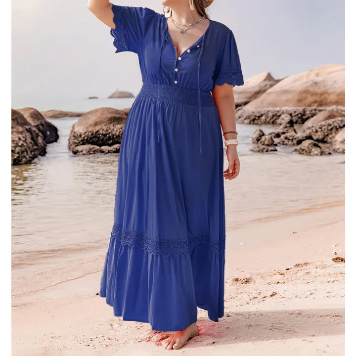Plus Size Lace Detail Tie Neck Short Sleeve Maxi Dress