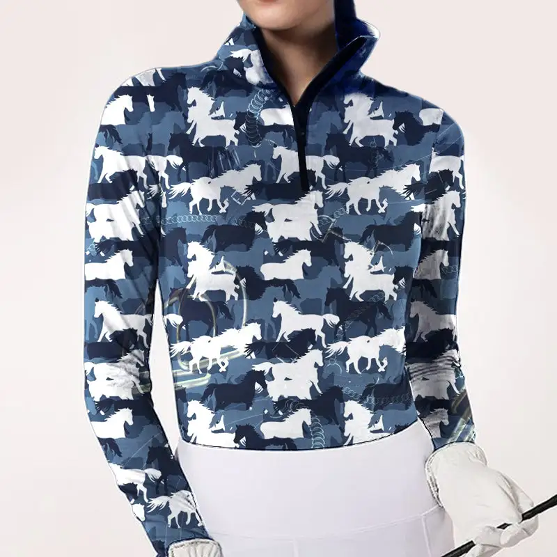 Women's Equestrian Style Horse Print Long Sleeve Casual Shirt