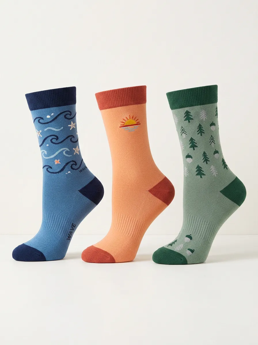 Unisex Nature Three-Pair Embroidered Crew Socks