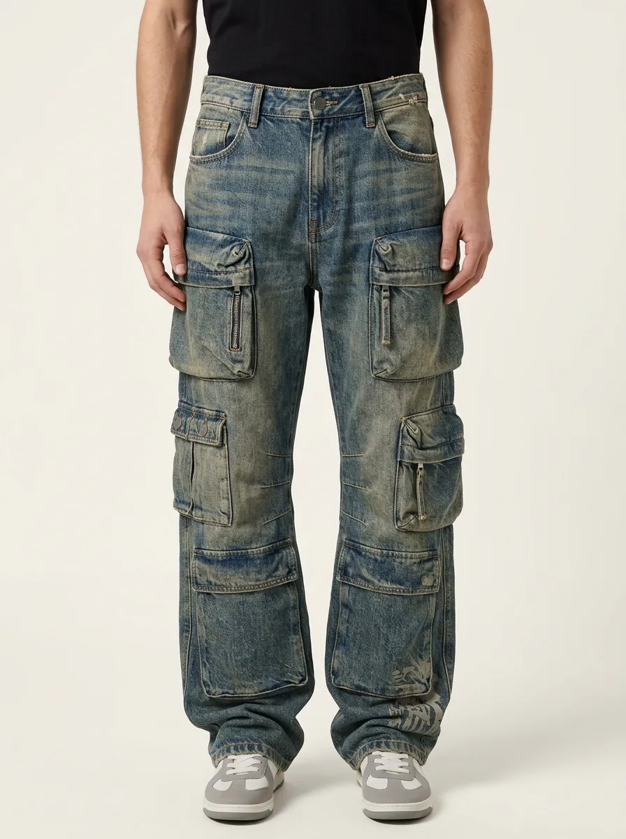 Men's Streetwear Vintage Wash Multi-Pocket Printed Cargo Pants