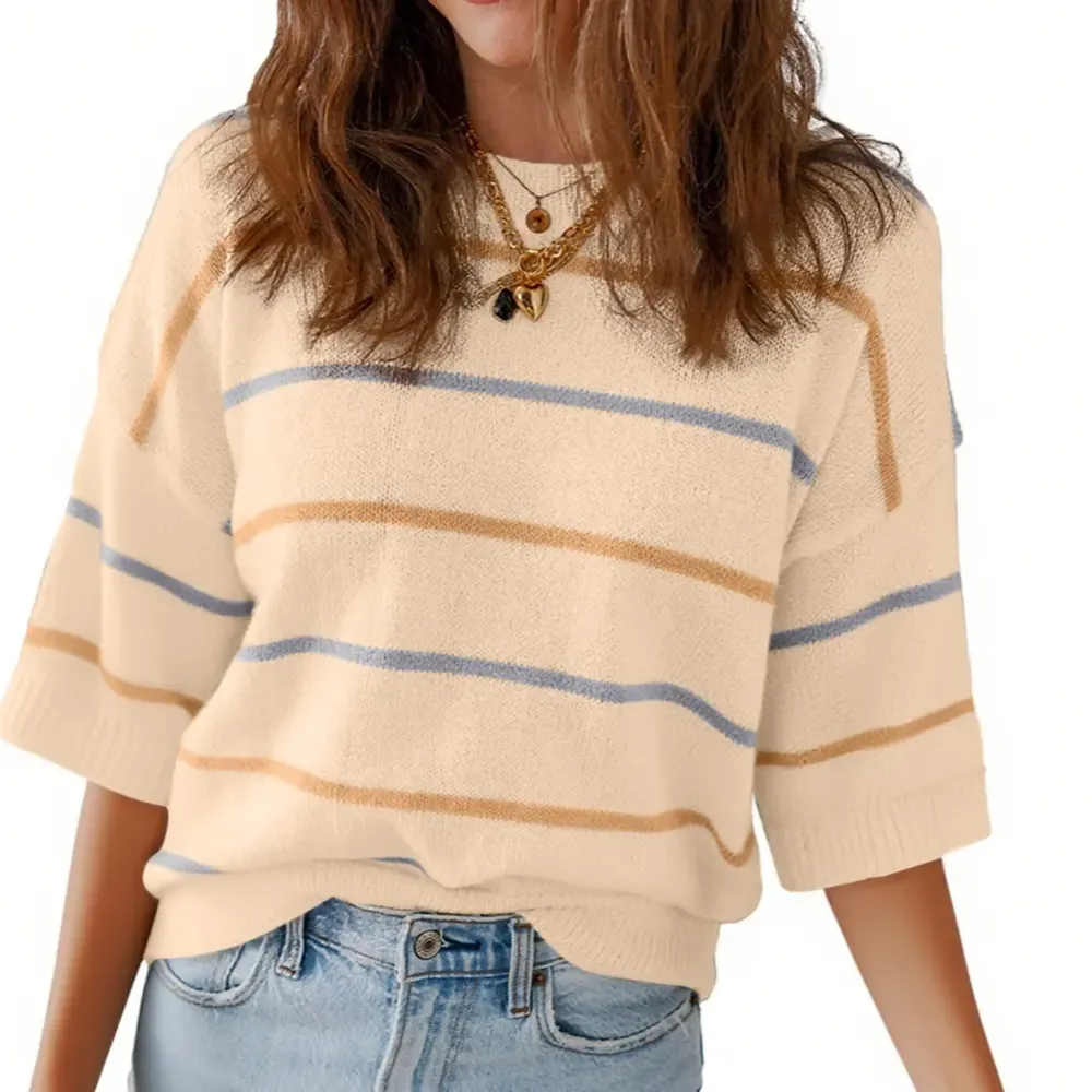 Women'S Short-Sleeved Striped Sweatshirt For Spring And Summer