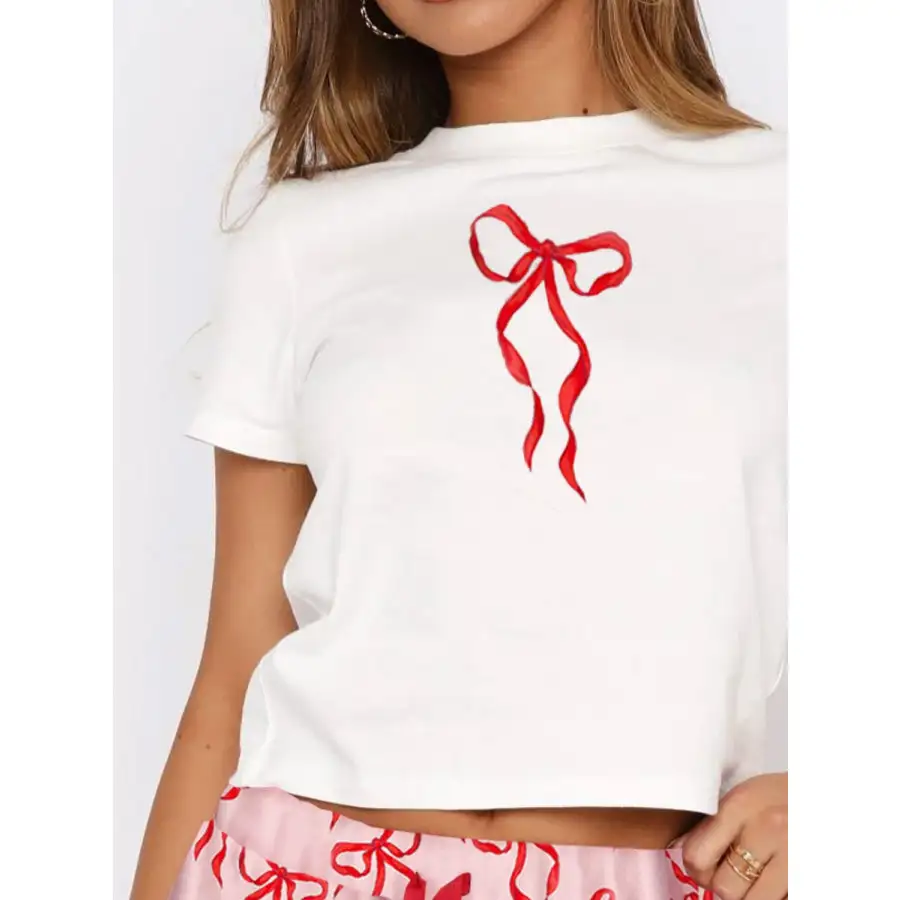 Printed Round Neck Short Sleeve Top and Drawstring Shorts Set