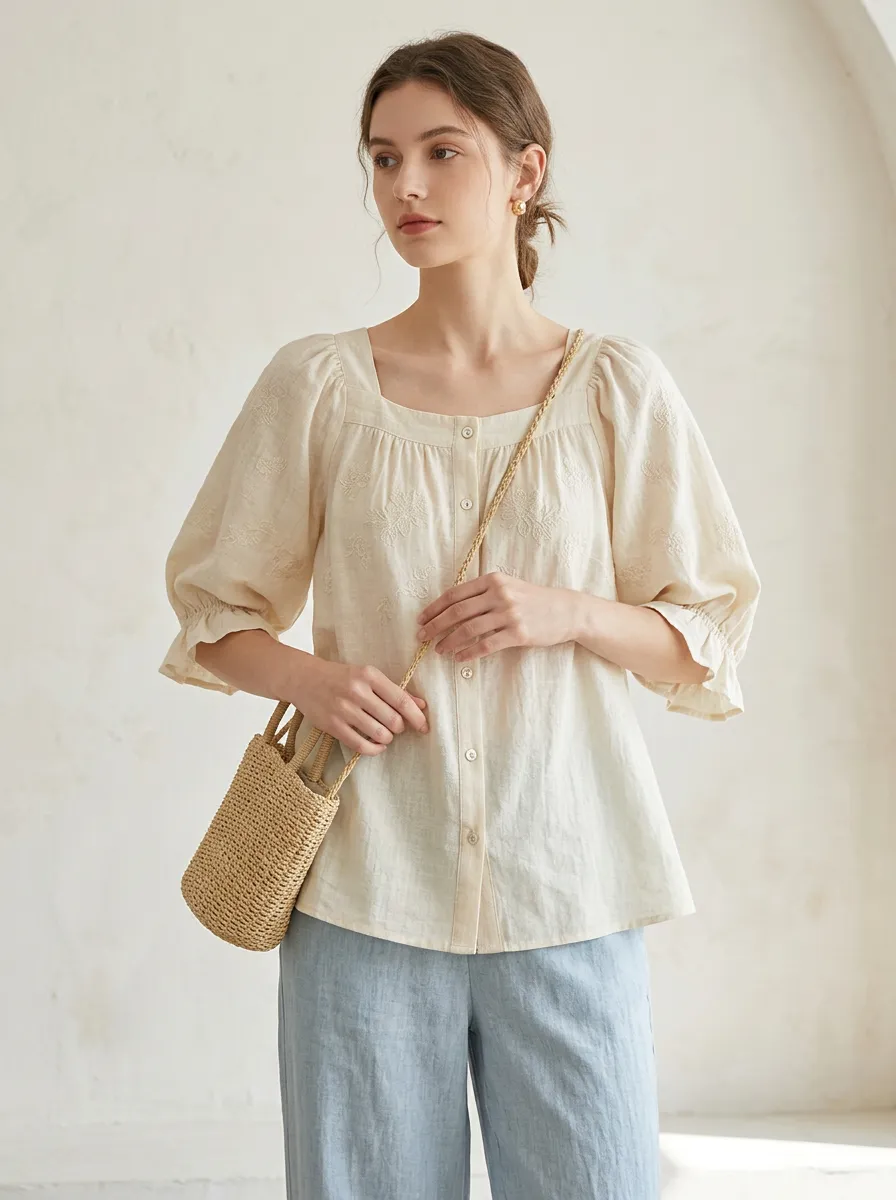 Embroidered Square-Neck Button-Front Women's Puff-Sleeve Blouse