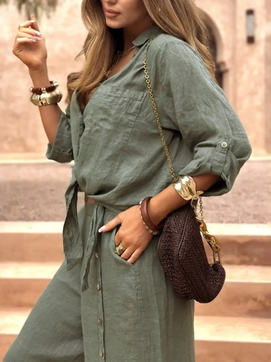 Long Sleeve Relaxed Buttoned Stretch Waist Blouse And Pants Set
