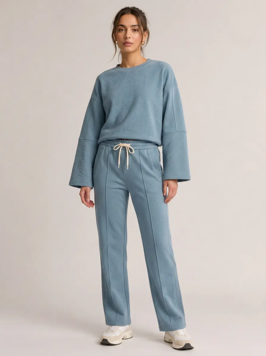Women's Casual Loungewear Blue Wave Texture Printed Sweatshirt Jogger Set