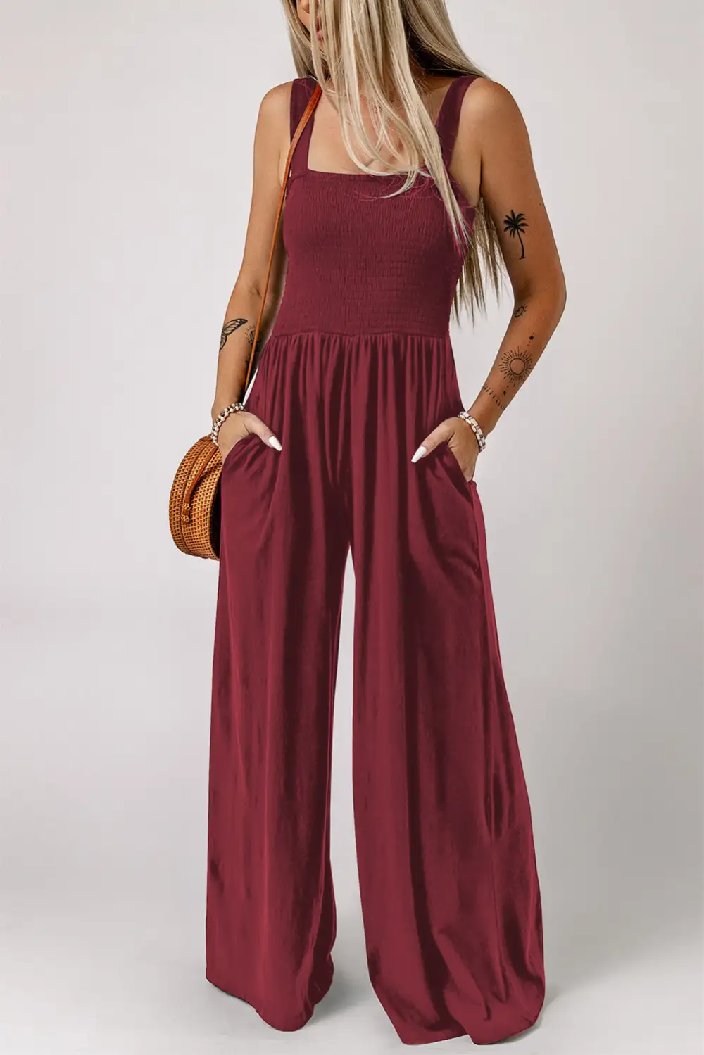 Smocked Square Neck Wide Leg Jumpsuit