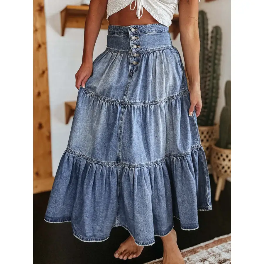 Tiered Button-fly Denim Skirt