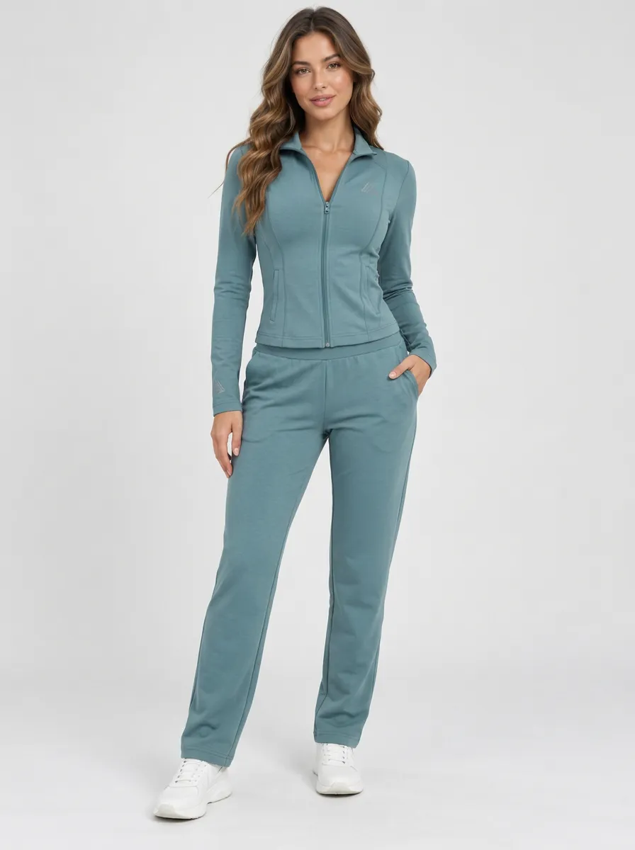 Women's Teal Blue Zip-Up Jacket & Straight-Leg Pant Set