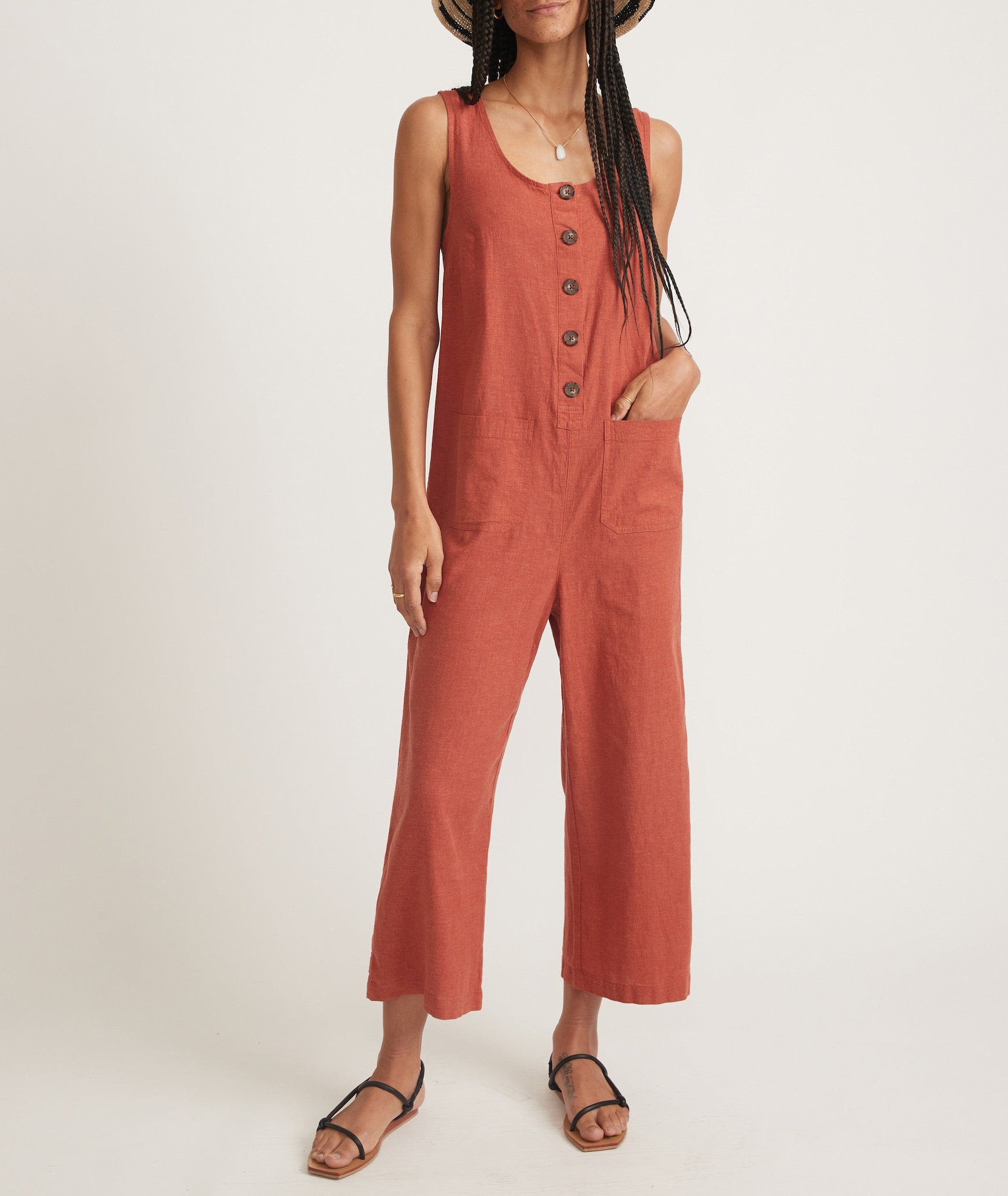 Button-Down Sleeveless Cotton Jumpsuit