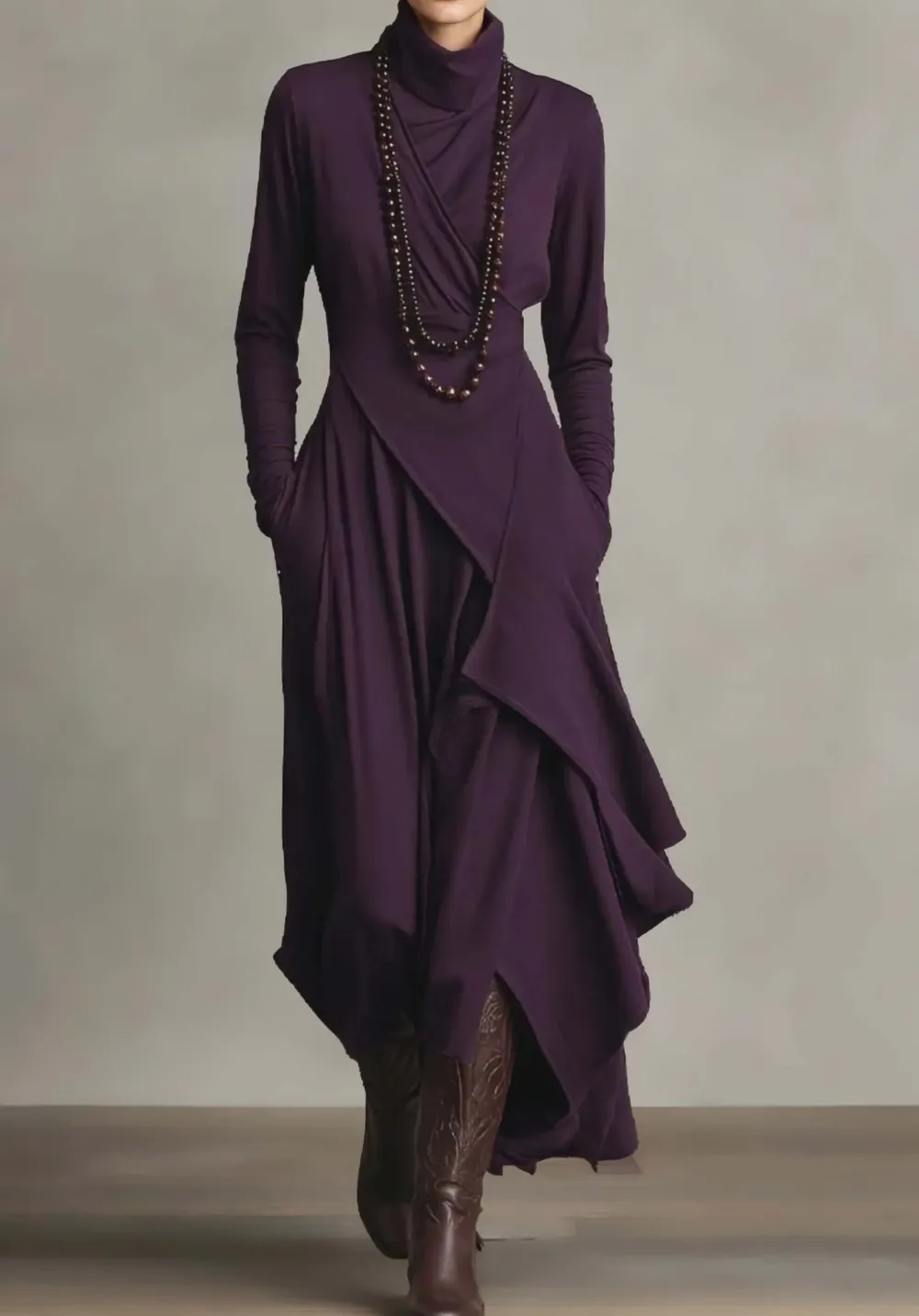 High Neck Drapedd Asymmetric Maxi Dress