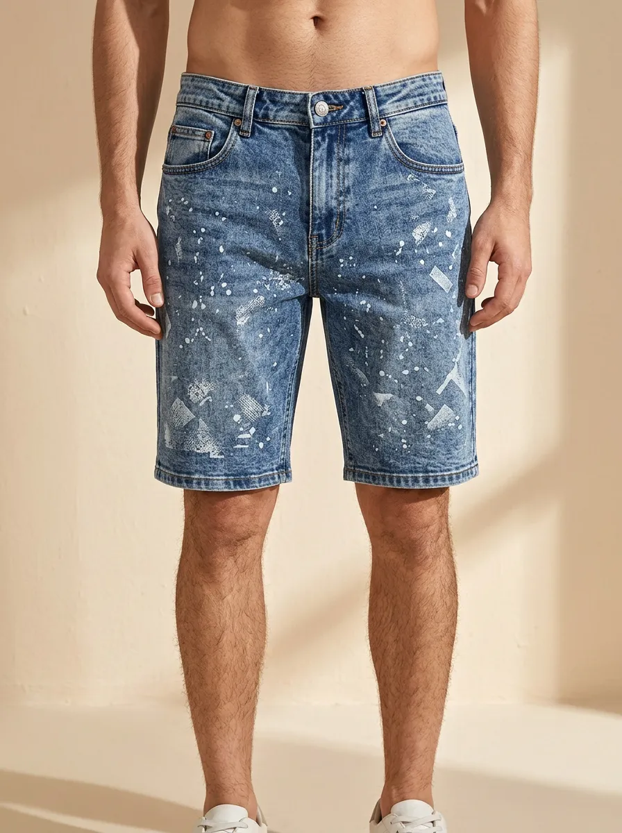Men's Urban Denim Casual Streetwear Paint Splatter Printed Denim Shorts