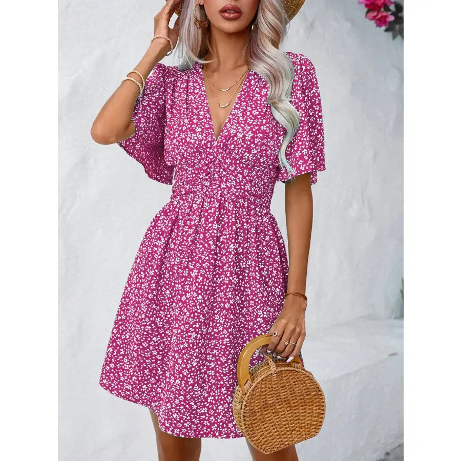 Printed V-neck Half Sleeve Mini Dress