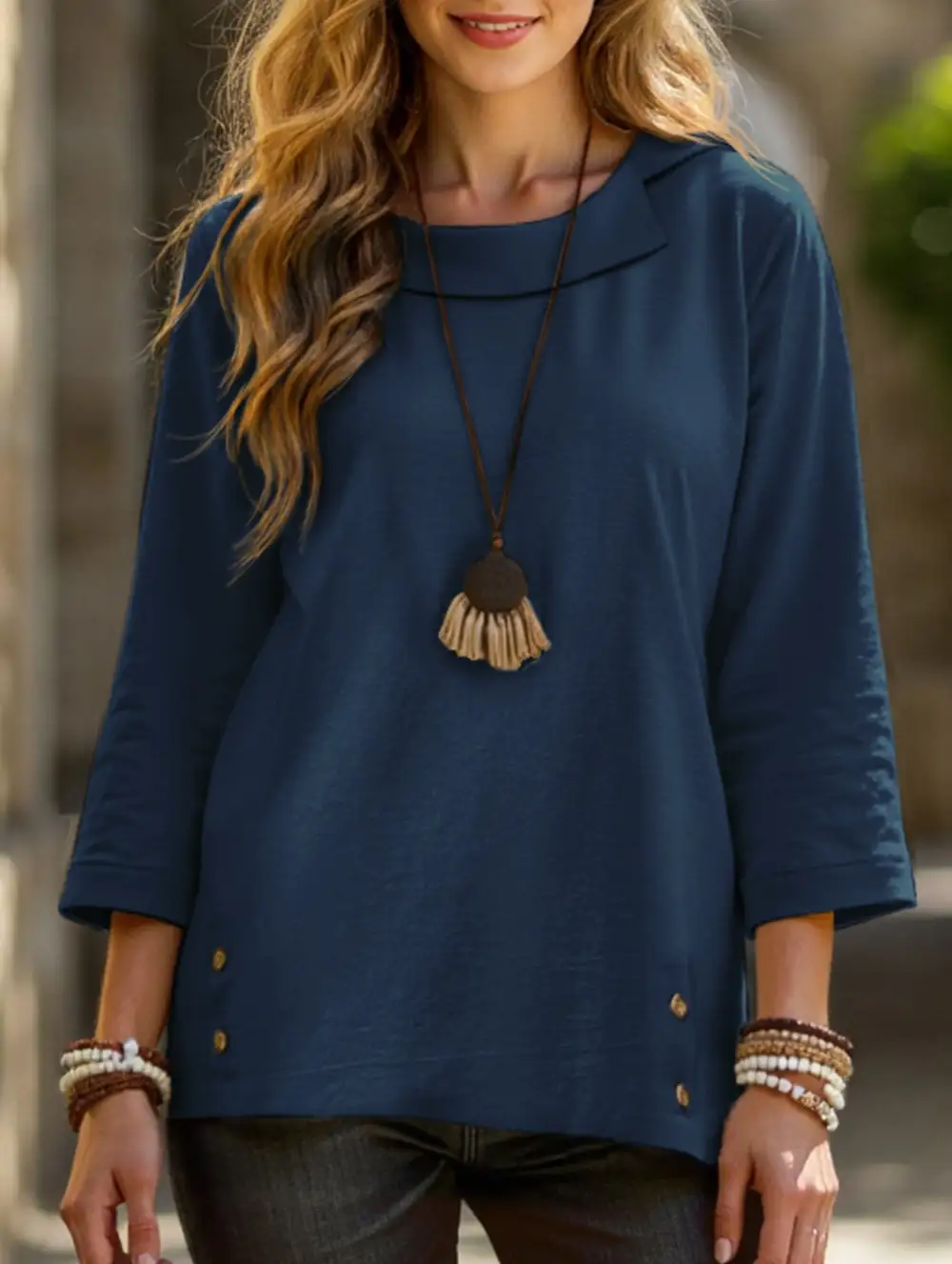 Lapel Three-Quarter Sleeve Tee Top
