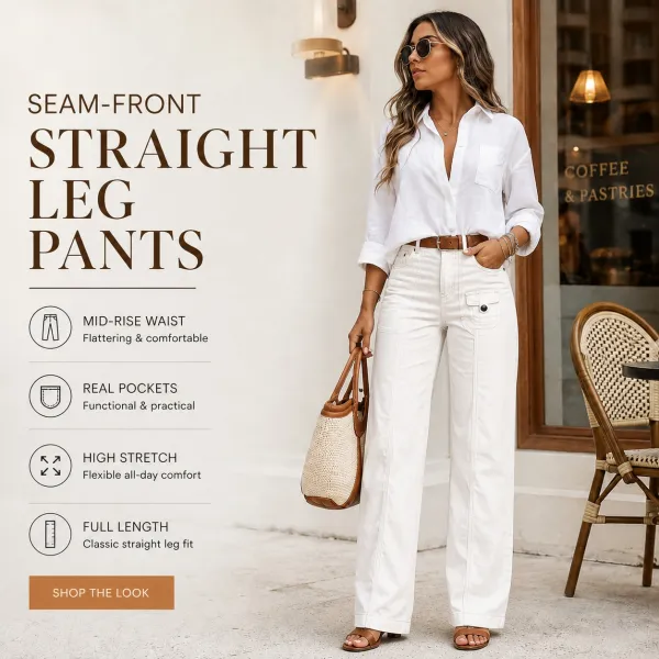 Women's Seam Front Patch Pocket Mid Rise Straight Leg Pants