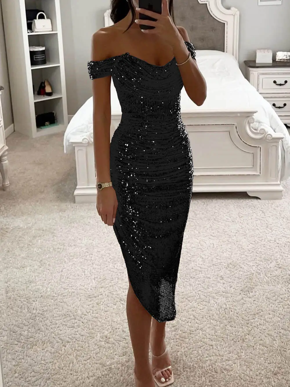 Elegant Sequin Off Shoulder Asymmetric Occasion Midi Dress