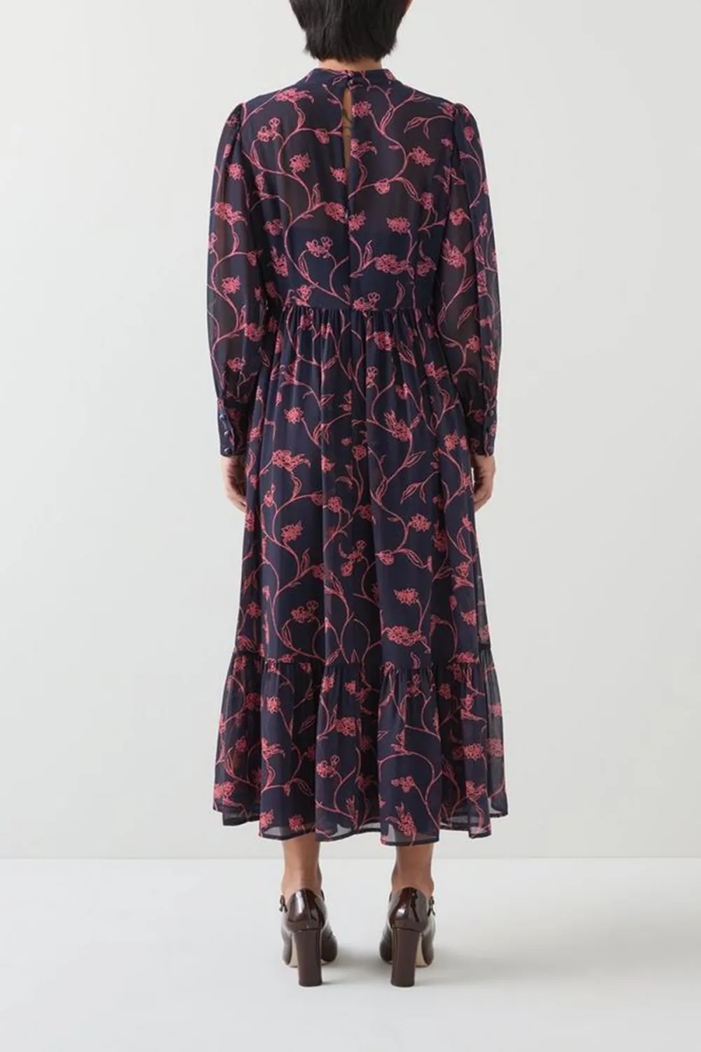 Dark Blue Pink Floral Long Sleeve Midi Dress