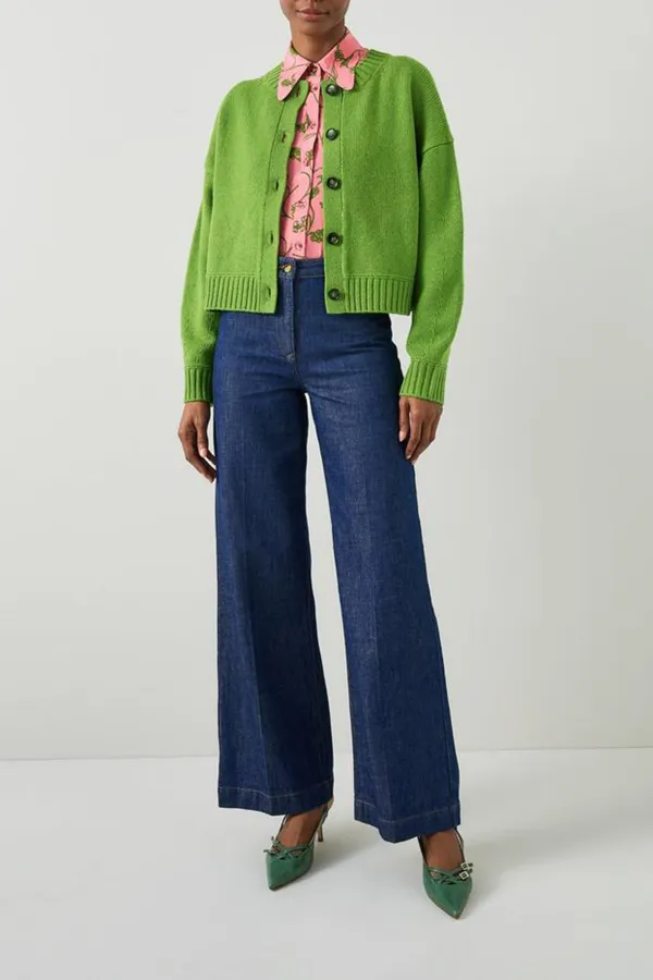 Bright Green Cropped Button Up Knit Cardigan