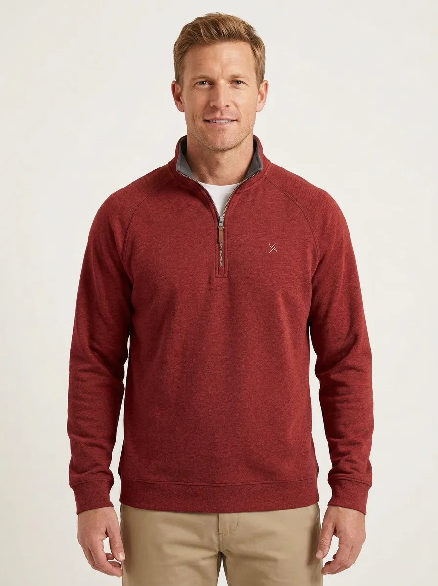 Men's Modern Minimalist Textured Raglan Embroidered Emblem Stand-Collar Quarter-Zip Sweatshirt