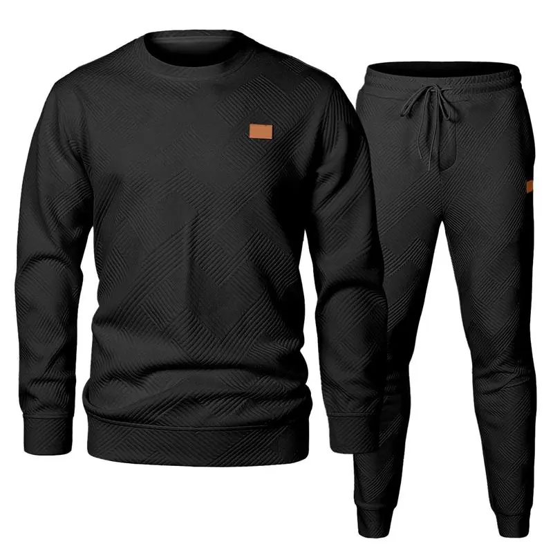 🔥Last Day 49% Off - Men's 2 Piece Sweatsuits Outfits Casual Crewneck Jacquard Sweatshirt Joggers Sweatpants Set Tracksuit High Quality Fabric Classic Design