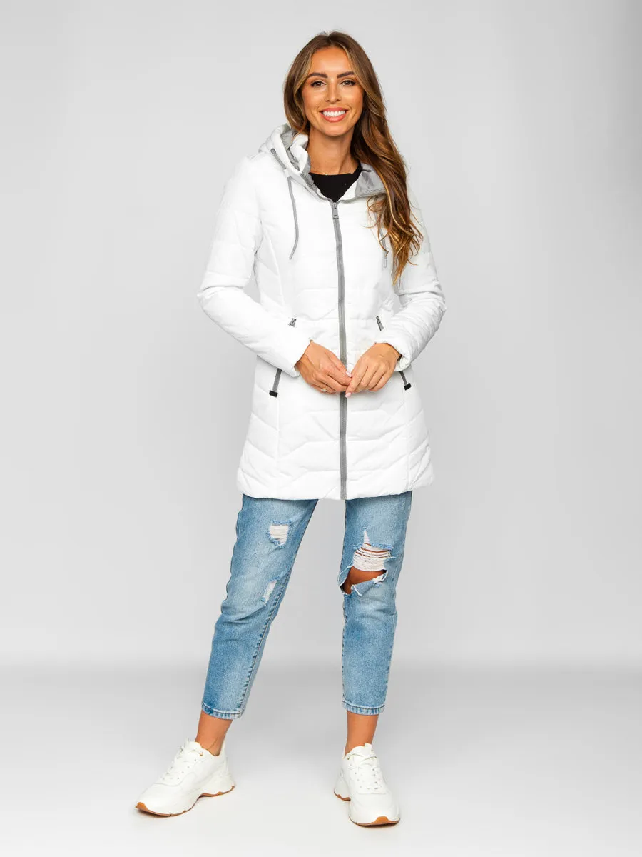white women's long quilted winter jacket with hood