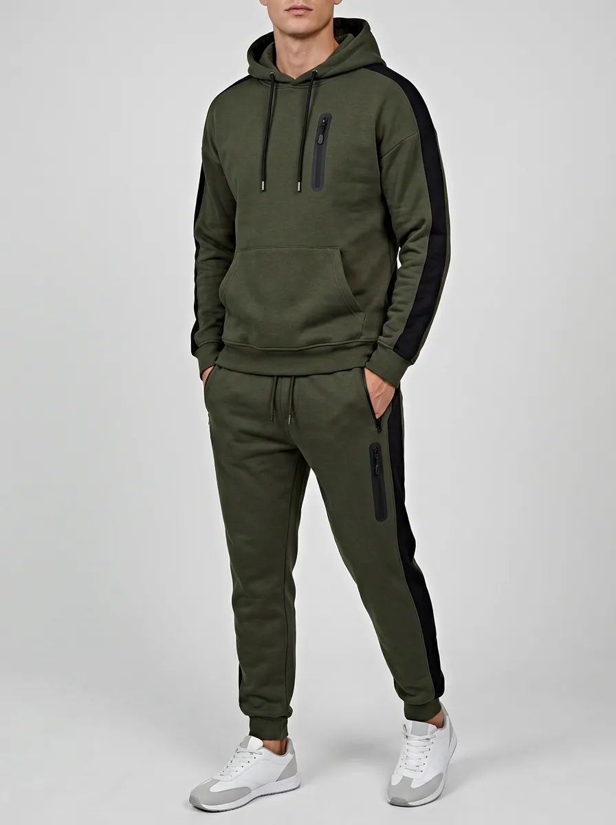 Men's Olive Green Side Stripe Zipper Pocket Tracksuit