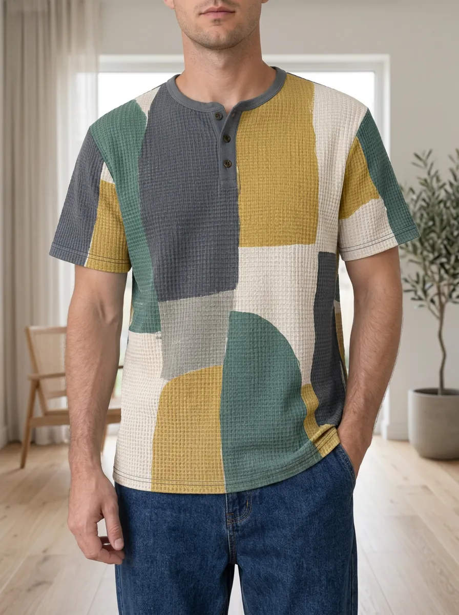 Men's Modern Abstract Geometric Waffle Knit Henley T-Shirt