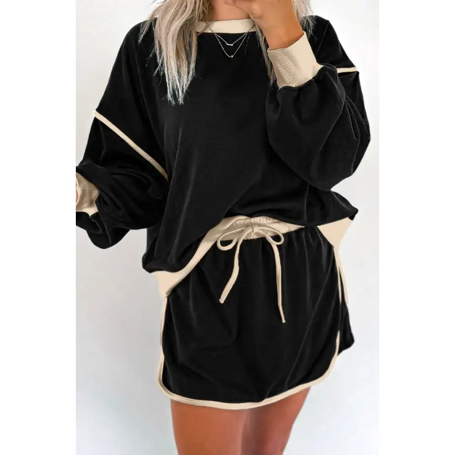 Contrast Trim Round Neck Top and Skort Set