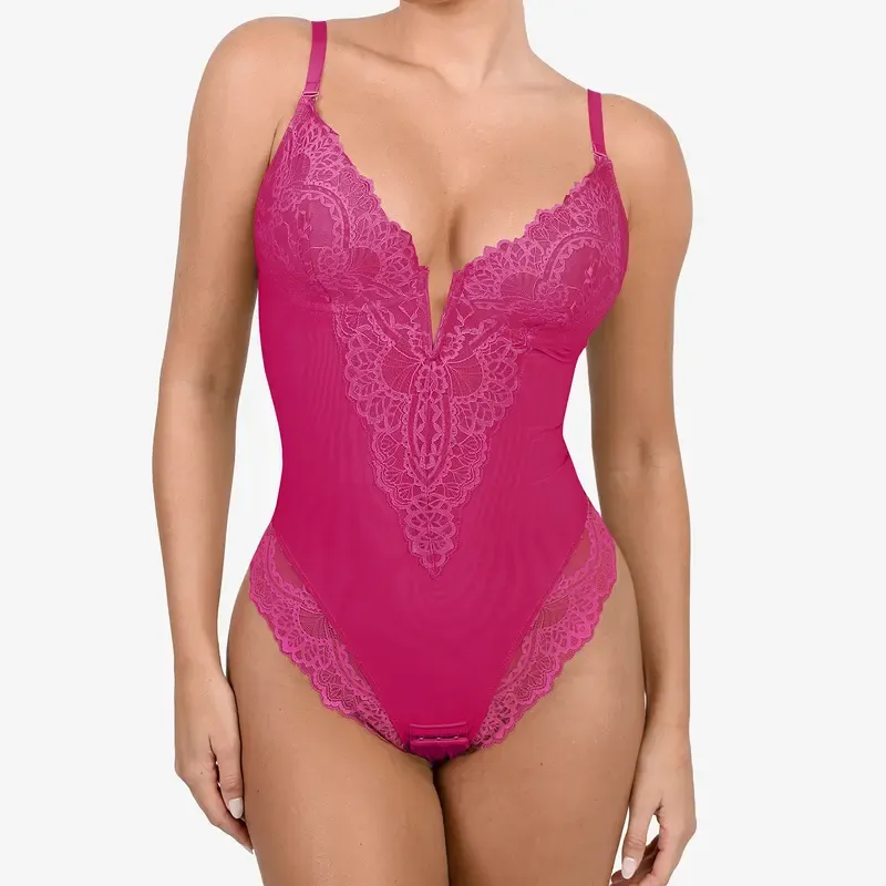 Womens Deep V Lace Bodysuit Built-in Shapewear Breathable Shaping Tops