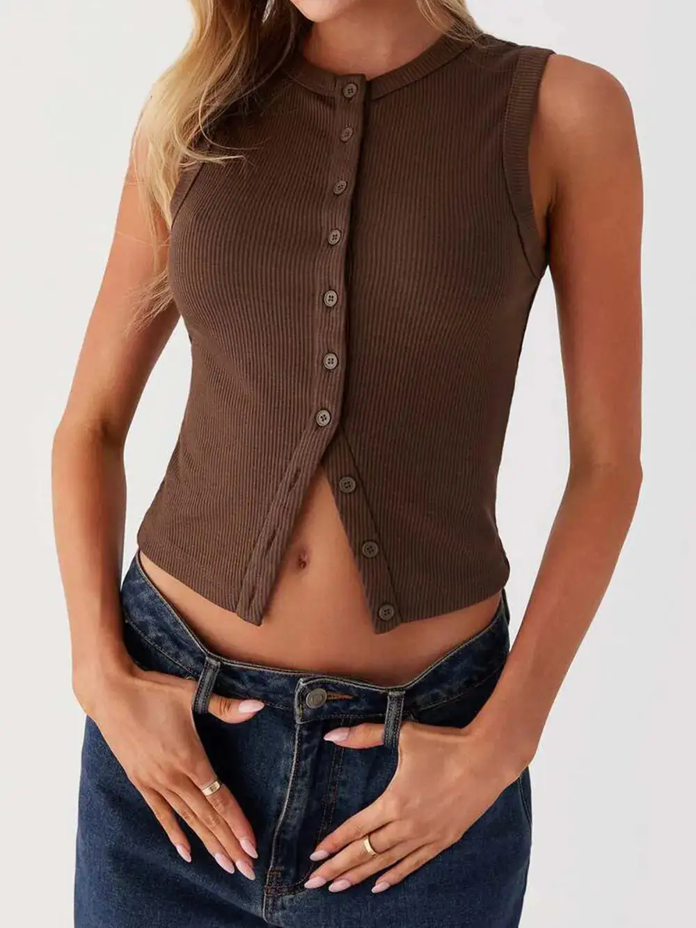 Button Up Round Neck Tank