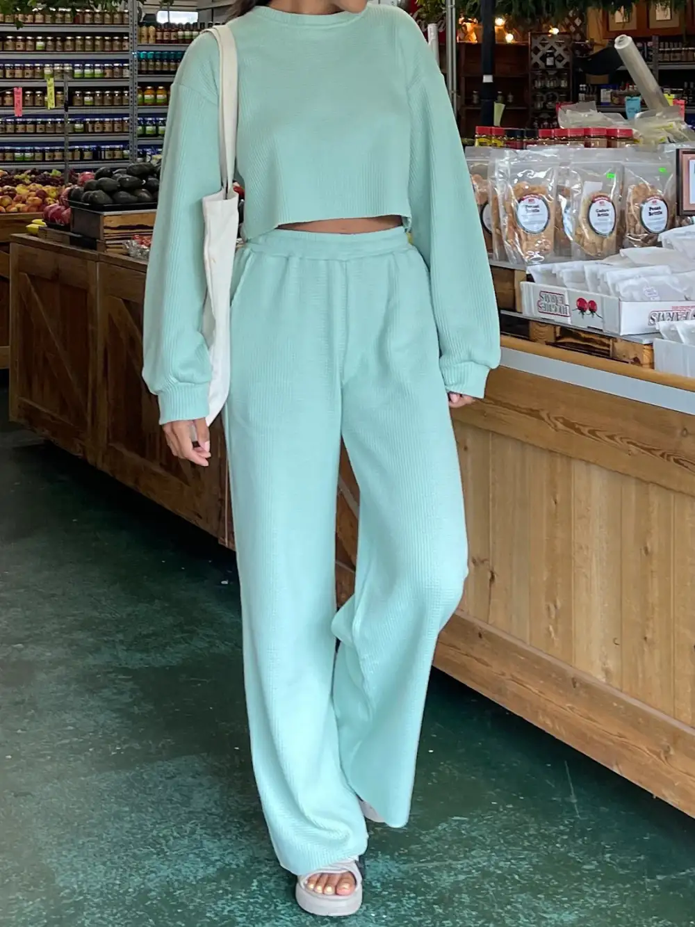Waffle Knit Round Neck Top And Pants Set