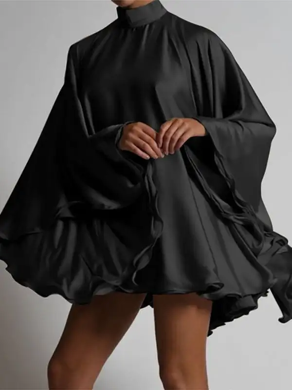 Solid Color High Neck Backless Flared Sleeve Mini Dress