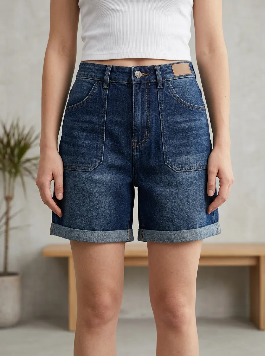 Women's Modern High-Waisted Cuffed Pocket Cargo Denim Shorts