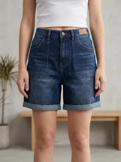 Women's Modern High-Waisted Cuffed Pocket Cargo Denim Shorts