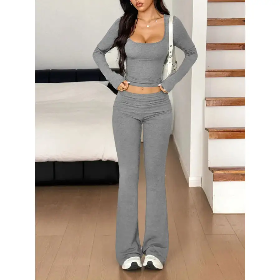Long Sleeve Crop Top and Bootcut Pants Set
