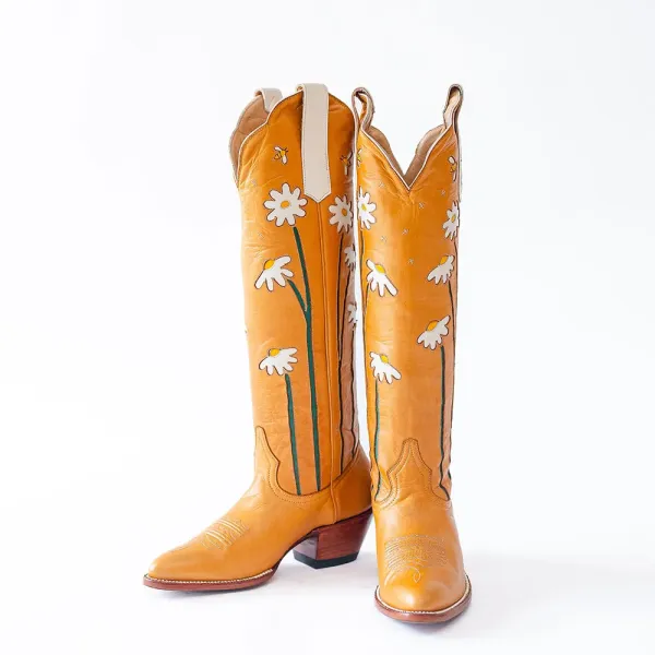 Faux-Leather Floral Chunky-Heel Platform Mid-Calf Boots