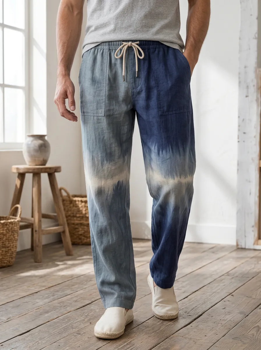 Men's Casual Tie-Dye Two-Tone Printed Linen Pants