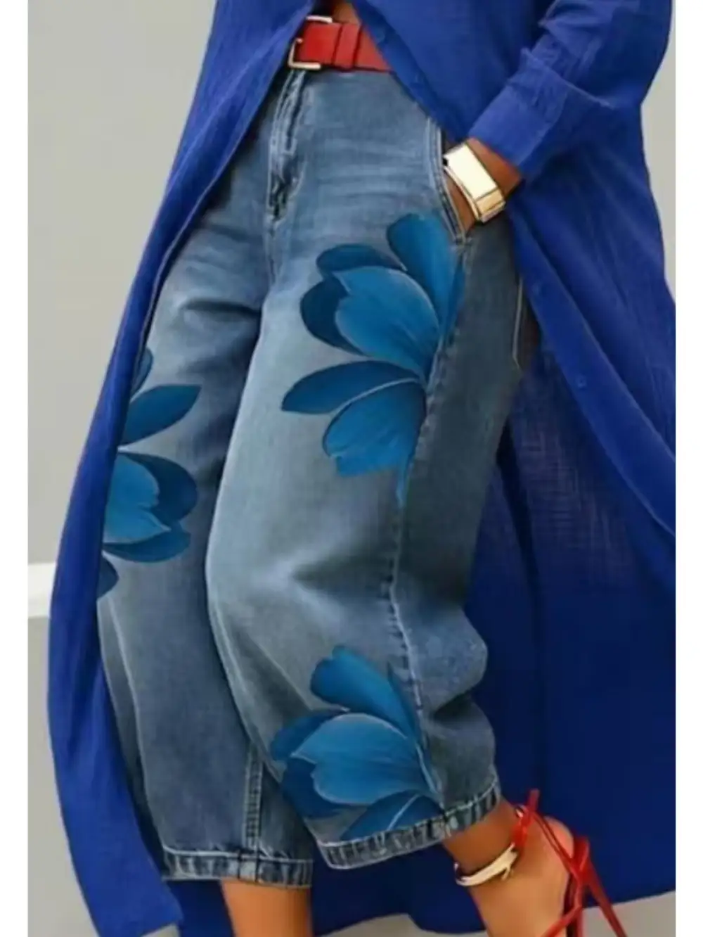 Easygoing Floral Print Wide-leg Cropped Jeans