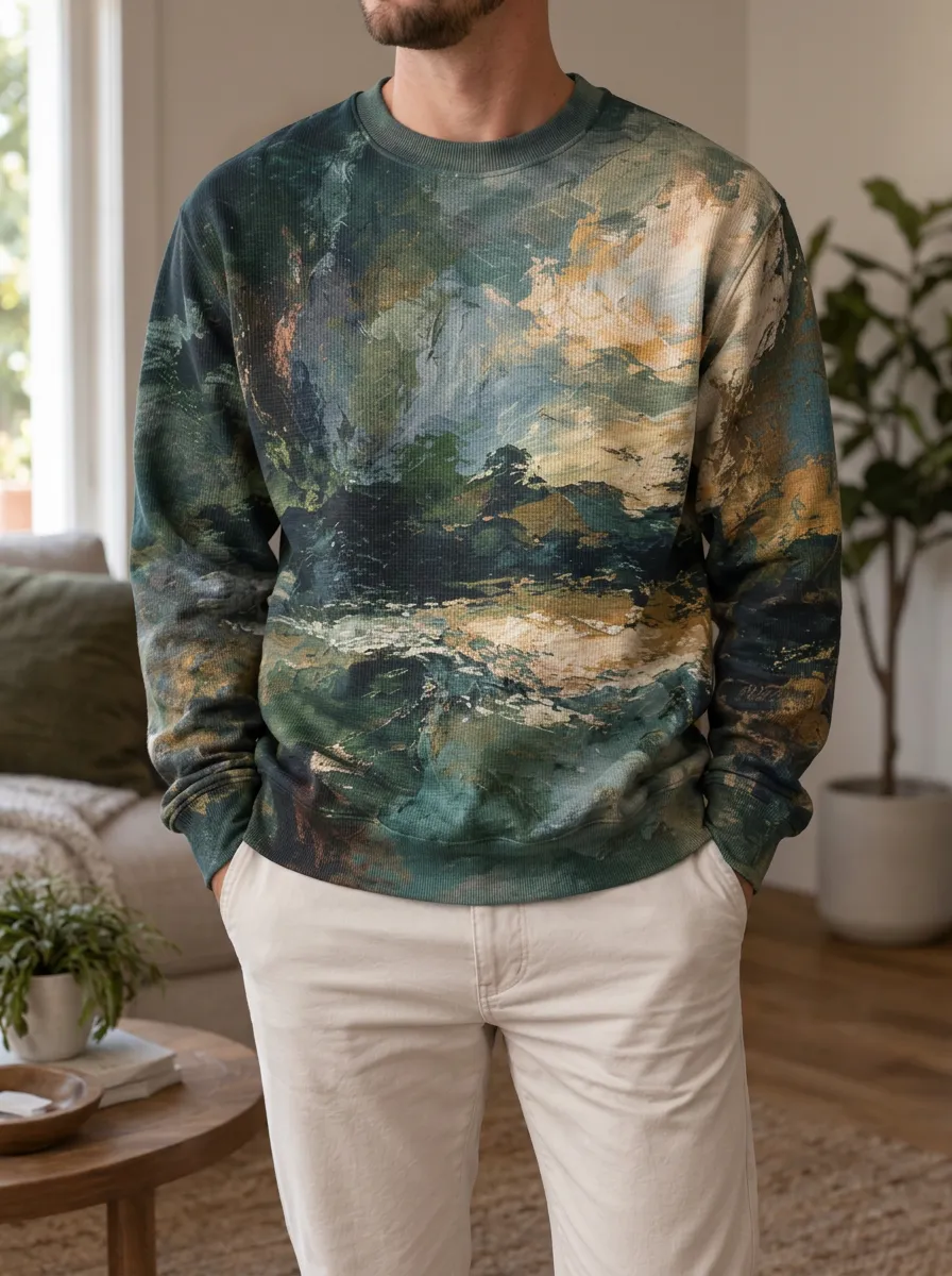 Men's Multi-Color Abstract Textured Waffle Knit Crewneck Sweatshirt