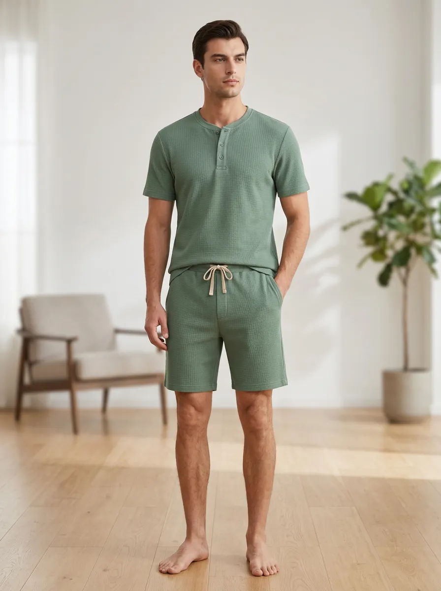 Men's Waffle Knit Sage Green Waffle Knit Henley Short Lounge Set