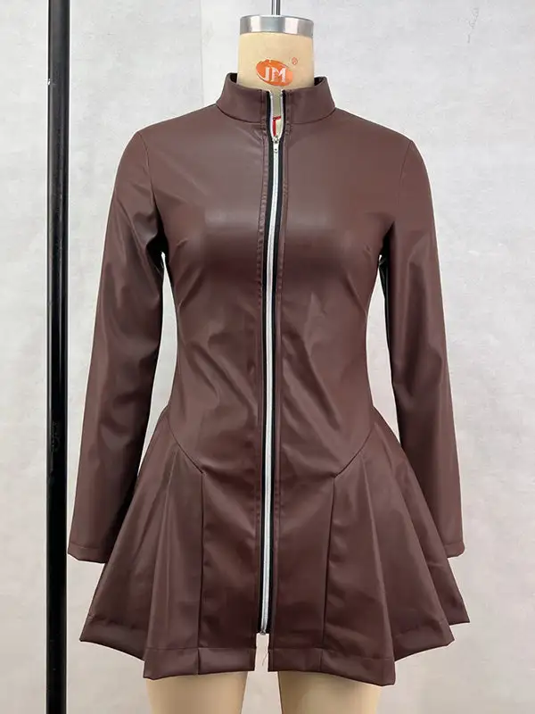 Long Sleeve Skinny Pleated Split Joint Zipper Stand Collar Mini Dress
