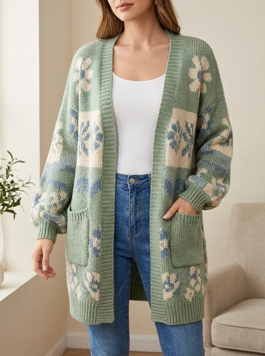 Women's Floral Pattern Knit Open- Design Clean Collarless Long Cardigan